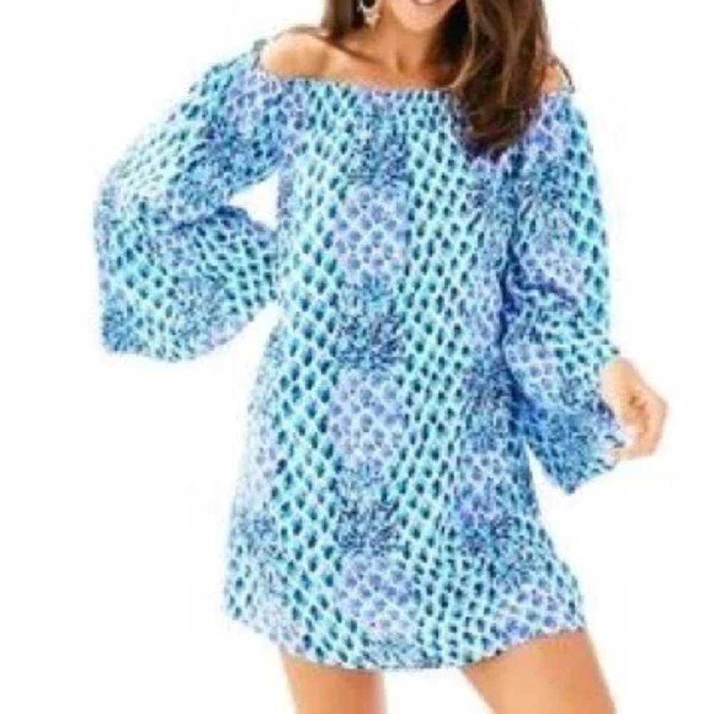 LILLY PULITZER women’s blue white Nevie Off the Shoulder shirt Dress XXS